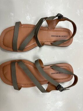 Lucky Brand Olive Strappy Flat Sandals with Tan Footbed